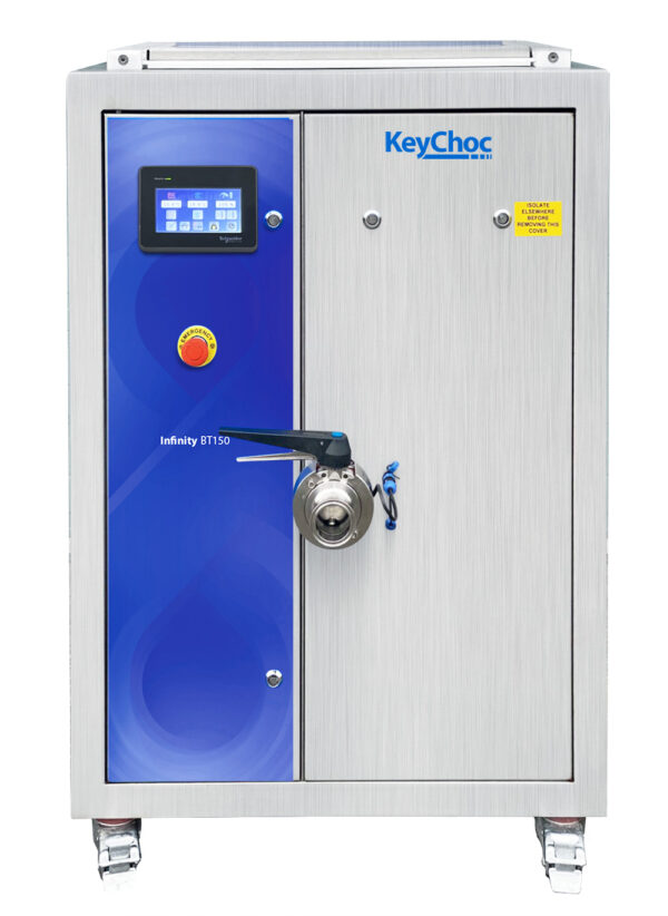 KeyChoc Infinity BT150 chocolate tempering machine, front view, with touchscreen control panel, emergency stop button, front outlet valve, enclosed cabinet design and castor wheels